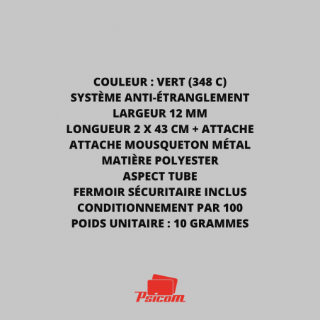 Explicatif cordon tour de cou vert à mousqueton métal et système de rupture sécuritaire - PSICOM Explicatif cordon tour de cou vert à mousqueton métal et système de rupture sécuritaire - PSICOM