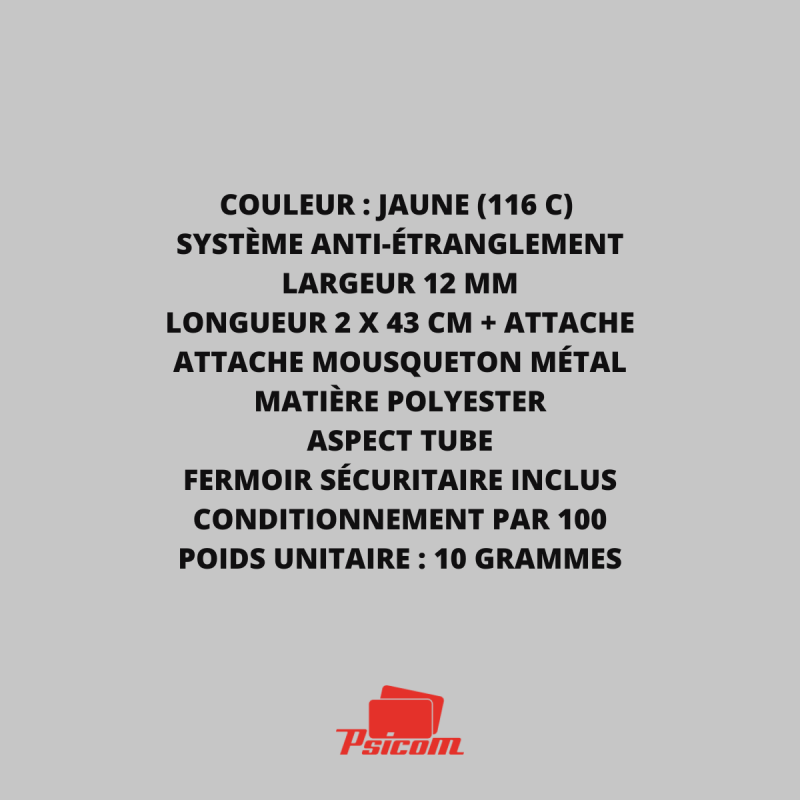 Explicatif cordon tour de cou jaune à mousqueton métal et système de rupture sécuritaire - PSICOM