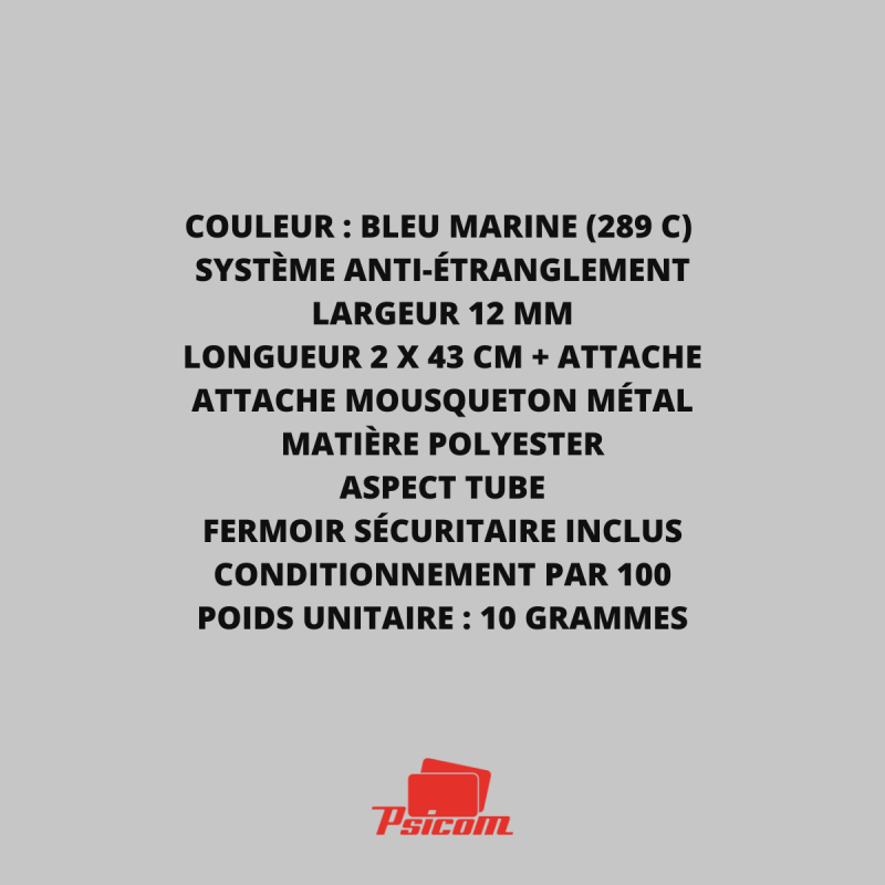 Explicatif cordon tour de cou bleu à mousqueton métal et système de rupture sécuritaire - PSICOM