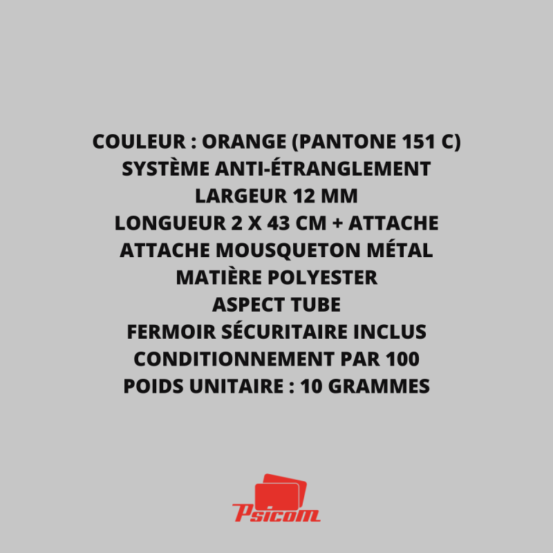 Explicatif cordon tour de cou orange à mousqueton métal et système de rupture sécuritaire - PSICOM
